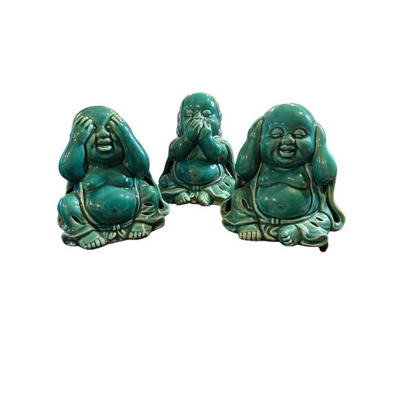 Laughing 5.5” Buddhas Set of 3 Green Hear No Evil, See No Evil and Speak No Evil - Picture 1 of 5